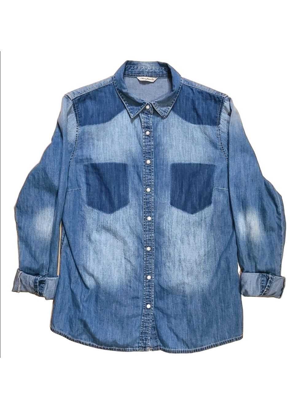 ​Mavi Denim Chambray Pearl Snap Button Down Shirt Faded Medium Wash Long Sleeves